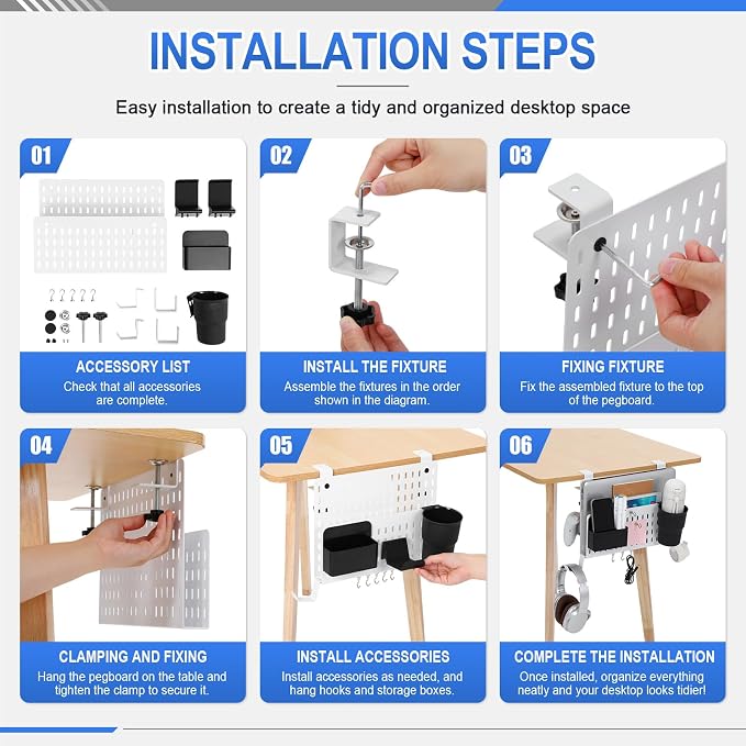 Desk Side Storage Organizer Set No Drill Under Desk Laptop Stand Organizer with Cup Pen Holder Headphone Hanger and Magnet Hook for Office Home Table Fits Edge 0.2" to 2.2"(Classic,White)