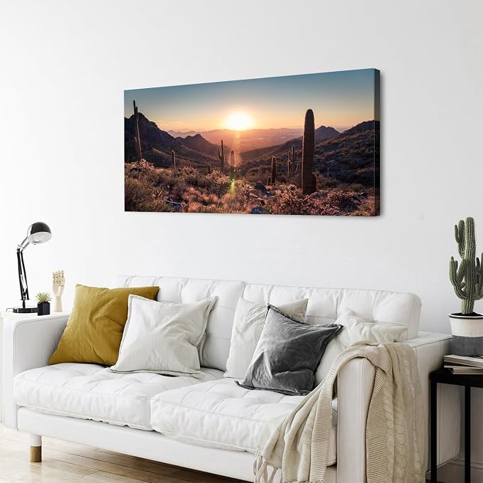 Mountain Wall Art Sunset Cactus Wall Decor Arizona Sonoran Desert Canvas Pictures Saguaro Landscape Photography Prints Western Nature Artwork for Living Room Bedroom Office Home Decoration 24x48"