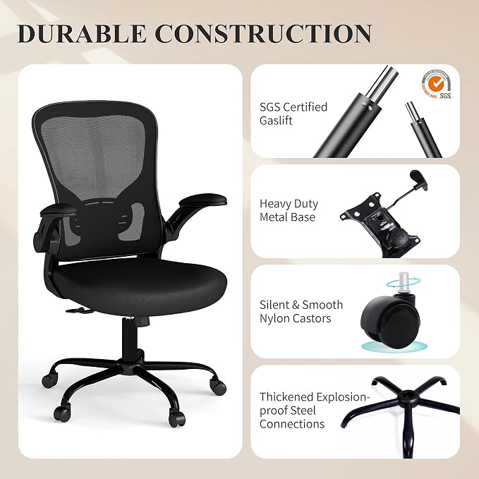 Flysky Mesh Office Chair, Ergonomic Computer Desk Chairs for Home Office - with Comfy/Comfortable Flip-up Arm Rests, Lumbar Support, Height Adjustable, 360 Degree Rolling Swivel (Black, 8 Pack)