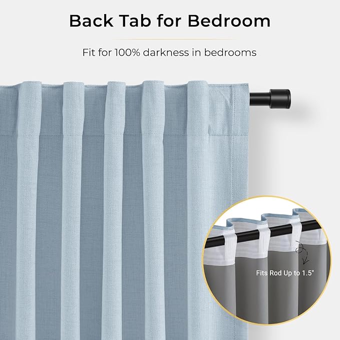 INOVADAY 100% Blackout Curtains for Bedroom, Black Out Curtains 84 Inch Long, Clip Rings Linen Blackout Drapes, Thermal Insulated Room Darkening for Living Room, 2 Panels - Chambray Blue,W50xL84