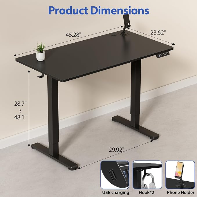 YESHOMY Height Adjustable Electric Standing Desk, 46 x 24 Inches Memory Home Office Sit Stand up Desk with Phone Holder and USB Charging Port, Black