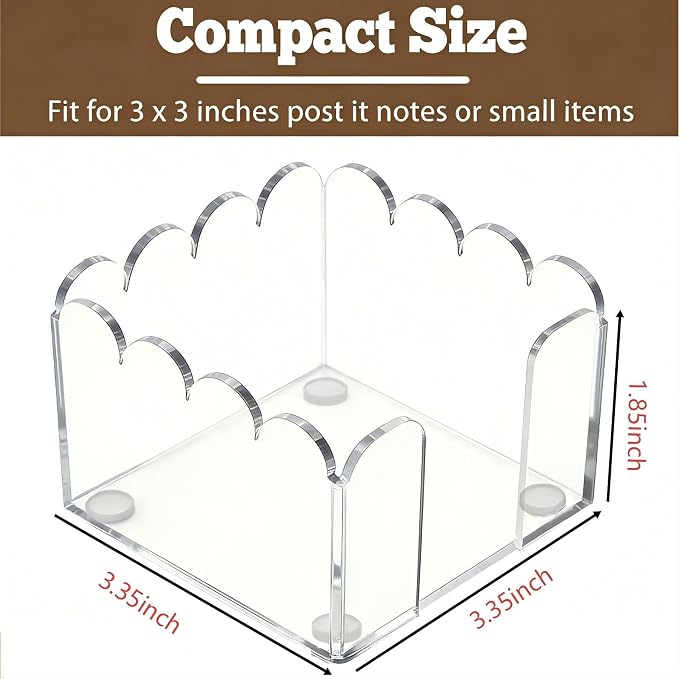 3x3 Inch Scalloped Acrylic Sticky Note Holder, Clear Cute Post It Note Dispenser, Notepad Holder with Wave Design, Thick Acrylic Desk Organizer for Office, Home, Dorm, Classroom