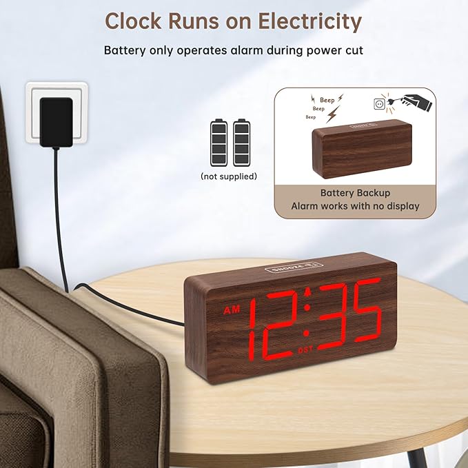 DreamSky Wooden Digital Alarm Clock for Bedroom with Large Numbers | Desk Clocks for Living Room, Office, Dimmer, Loud Alarm for Heavy Sleepers with Volume Control, DST, Wood Decor (Plug-in)