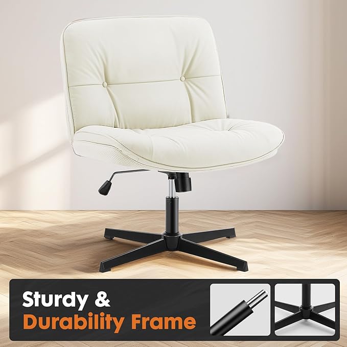 Sweetcrispy Criss Cross Armless Office Chair - PU Leather Adjustable 360° Swivel Wide Seat with Thick Padding, Ergonomic Rolling Computer Desk Task Chair for Modern Vanity & Makeup