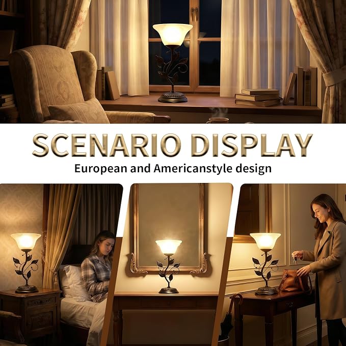 Vintage Rural Leaf Table Lamp Set of 2, 7.28×7.28×14.29 inch LED Floral Desk Light, with Frosted Glass Shade, One-Button Switch for Bedroom, Living Room, Nightstand, LED Bulb Included
