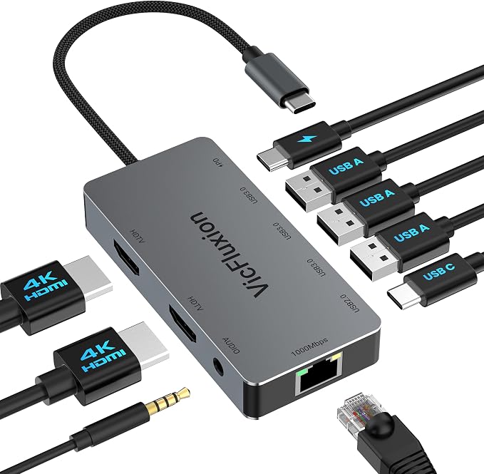 USB C Docking Station Dual Monitor, 9-in-1 USB Hub with 2 HDMI 4K@60HZ, 1×1000Mbps Ethernet, 3× USB 3.0, 1× Type C, 1× PD Charging, 1×3.5mm Audio, Dock for Laptop/Computer/Tablets/Windows