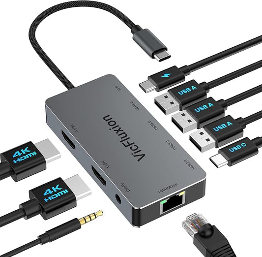USB C Docking Station Dual Monitor, 9-in-1 USB Hub with 2 HDMI 4K@60HZ, 1×1000Mbps Ethernet, 3× USB 3.0, 1× Type C, 1× PD Charging, 1×3.5mm Audio, Dock for Laptop/Computer/Tablets/Windows