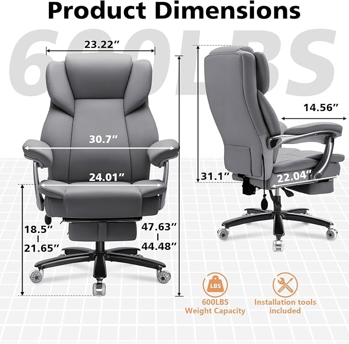 WAILOR 600lbs Big and Tall Office Chair for Heavy People,Heavy Duty Comfy Executive Office Desk Chair with Adjustable Lumbar Support,High Back Reclining PU Leather Computer Chair (Classic, Grey)