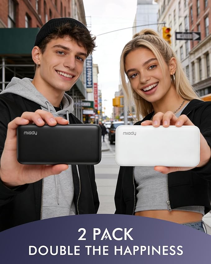 Miady 2-Pack Portable Charger, Slim 10000mAh Power Bank Travel Battery Pack | Dual USB丨3 Outputs 2 Inputs丨for Backpack Travel Camping丨Slim丨Compatible with iPhone Android丨Flight-Safe丨37Wh丨Yellow+Purple