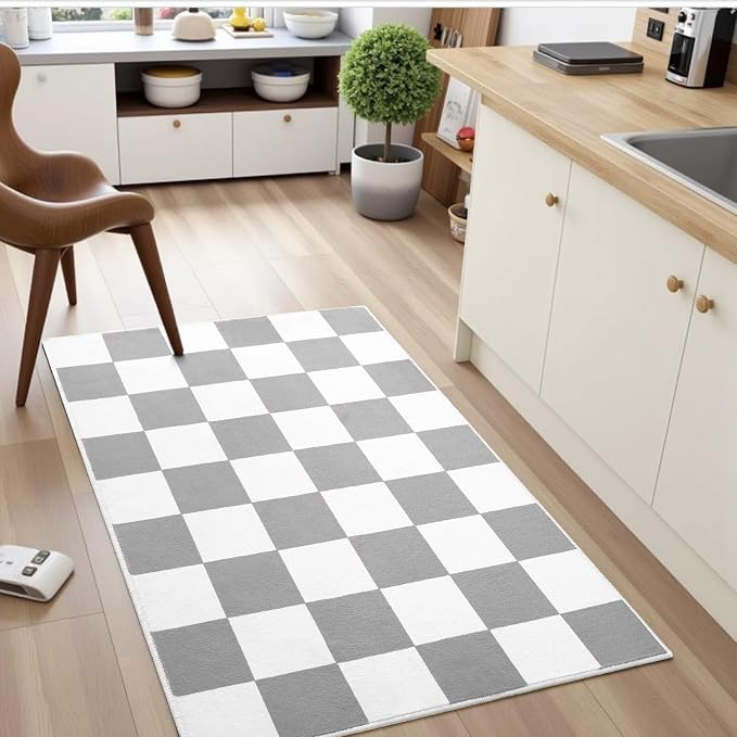 Terrug Grey and White Checkered Rug for Entryway,2x3 Small Area Rugs Washable with Non Slip for Kitchen,Soft Low Pile Retro Carpet for Bedroom Front Door Porch