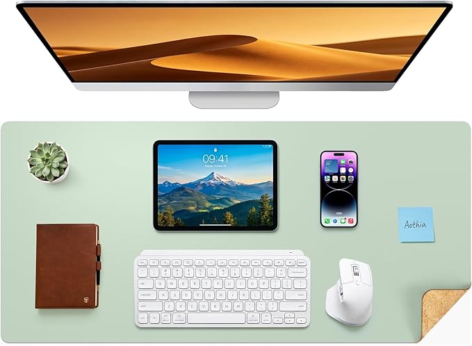 Aothia Double-Sided Desk Pad – 37.8"x17" Leather Desk Mat with Eco Cork Protector, Large Mouse Pad, Waterproof Desk Blotter for Office/Home (Aqua)
