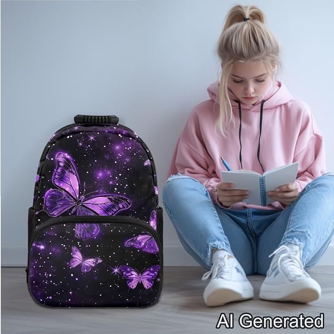 Ystardream Retro Butterfly Book Bags for Girls Backpack with Lunch Box Pencil Case Water Bottle Sleeve 4 in 1 for Girls Teens 14 Inch Laptop Bookbag Kindergarten Elementary Schoolbag with Front Pocket