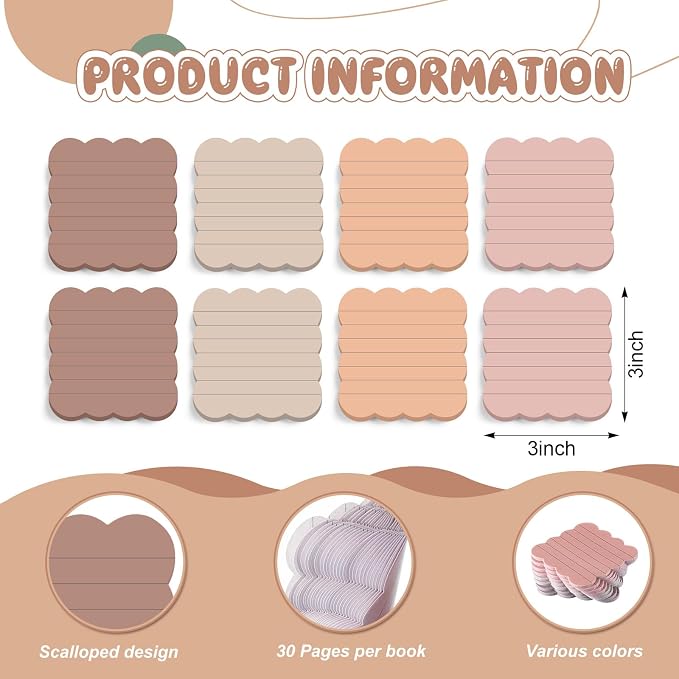 Eaasty 8 Pack Scalloped Aesthetic Sticky Notes Bulk Brown Colors Cute Wavy Self Sticky Note Pads 3" x 3" Lined Note Pads for Back to School Office Supplies 240 Sheets