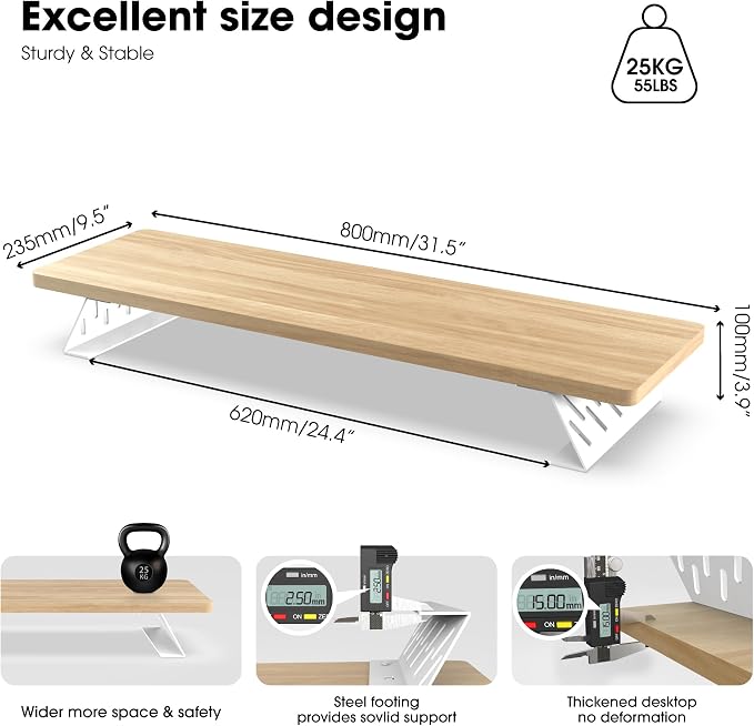 Fenge Monitor Stand Riser, 31.5 Inch Desk Top Shelf for 2 Monitors, Computer Stands for Desk, Wood & Steel Desktop Riser for Laptop, PC, Printer