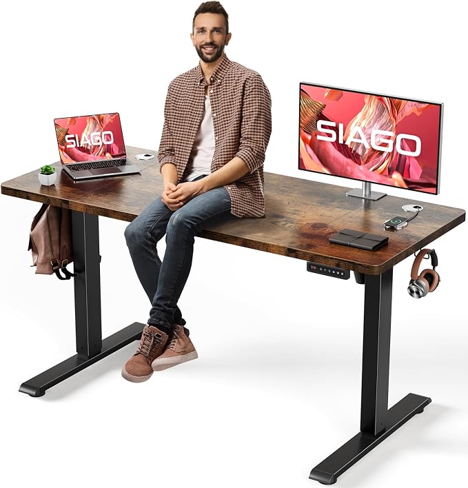 SIAGO Electric Standing Desk Adjustable - 55 x 24 Inch Sit Stand up Desk with 0.8 Inch Thick Tabletop - Adjustable Height Table with 3 Memory Preset, Cable Management for Home Office