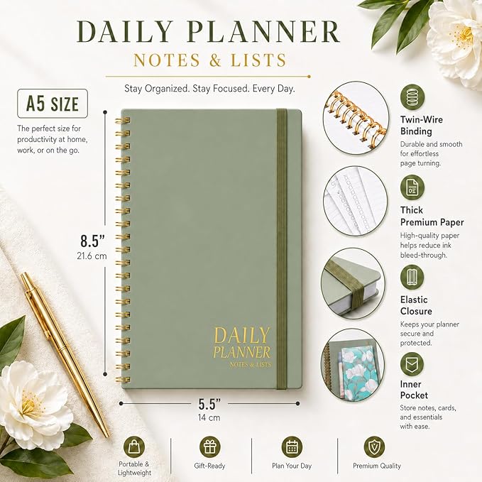 Daily Planner Undated - Simplified To Do List Notebook with Hourly Schedules, Spiral Appointment Organizer, 5.5" x 8.5", Easily Manage Your Tasks and Productivity - Green