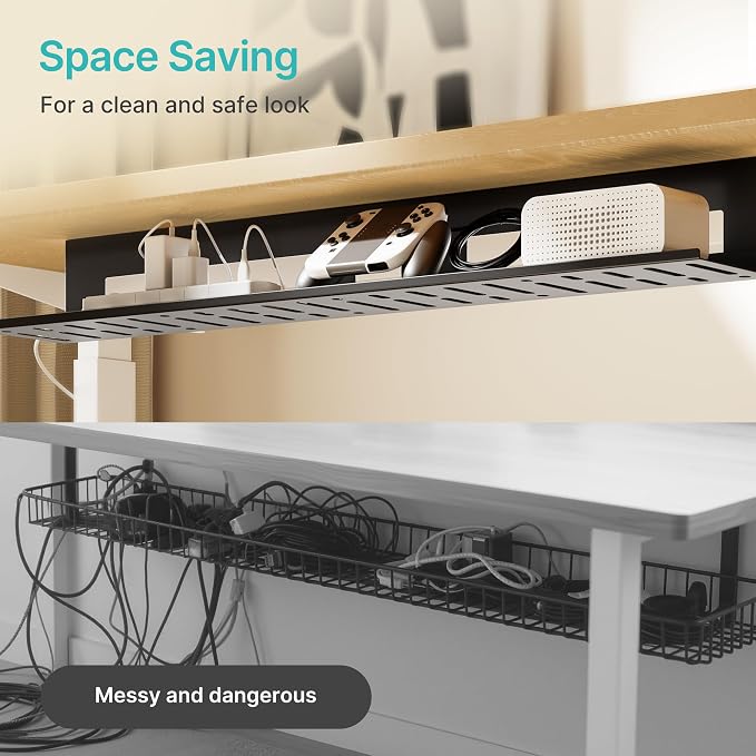 Under Desk Cable Management Tray, 31.5'' Screw-Mount Steel Rack | Metal Cord Organizer for Power Strips, Chargers, Reversible Installation, Effortless Wire Management for Home Office, Black