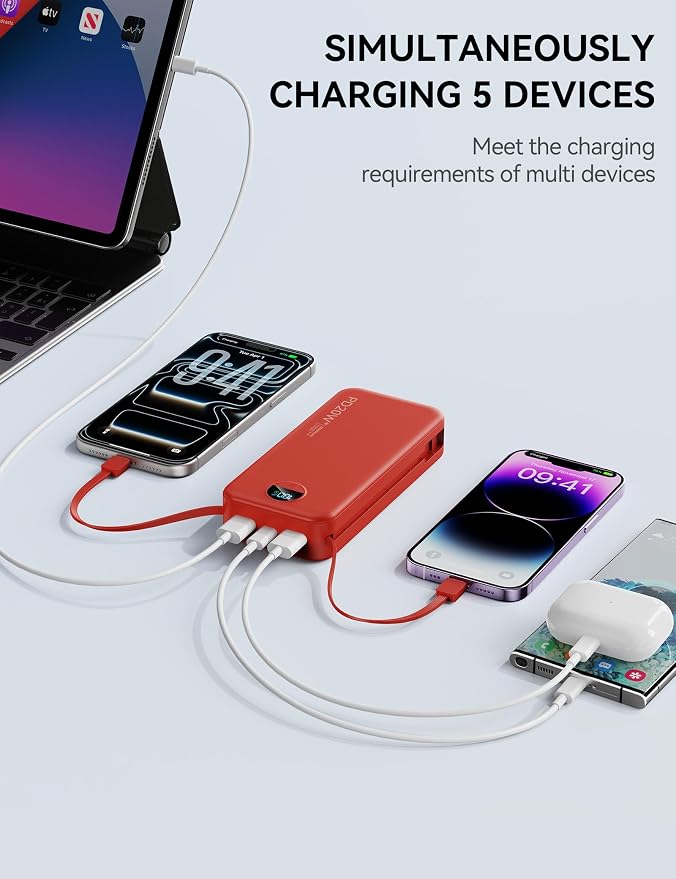 Nusyddy Portable Charger 20000mAh PD20W w/Built-in Cables & Wall Plug Red | PD20W Fast Charging, High Capacity, LED Display, Charge 5 Devices at once, TSA Approved, Compatible with iPhone/iPad/Samsung