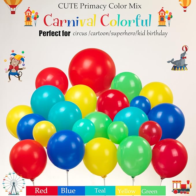 Circus decorations include Red Blue Yellow Balloon garland kit & foil hot air popcorn lion balloons & striped banner & Backdrop road sign paper for carnival circus theme party decorations