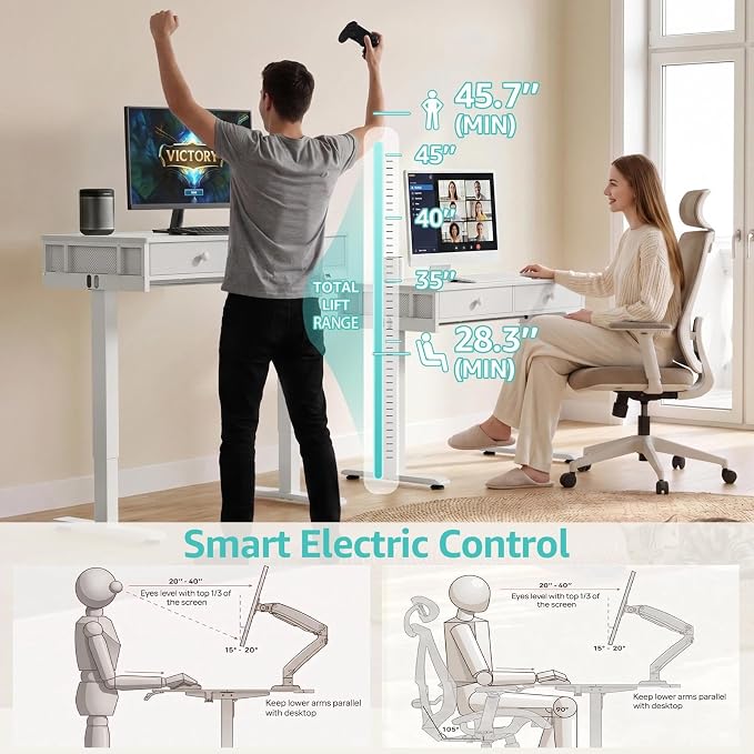 KLUVIS White Electric Standing Desk with Drawers, 39 Inch Small Adjustable Desk with Storage, Sit Stand Computer Study Writing Desks for Small Space Home Office, Stand Up Work Desks for Walking Pad