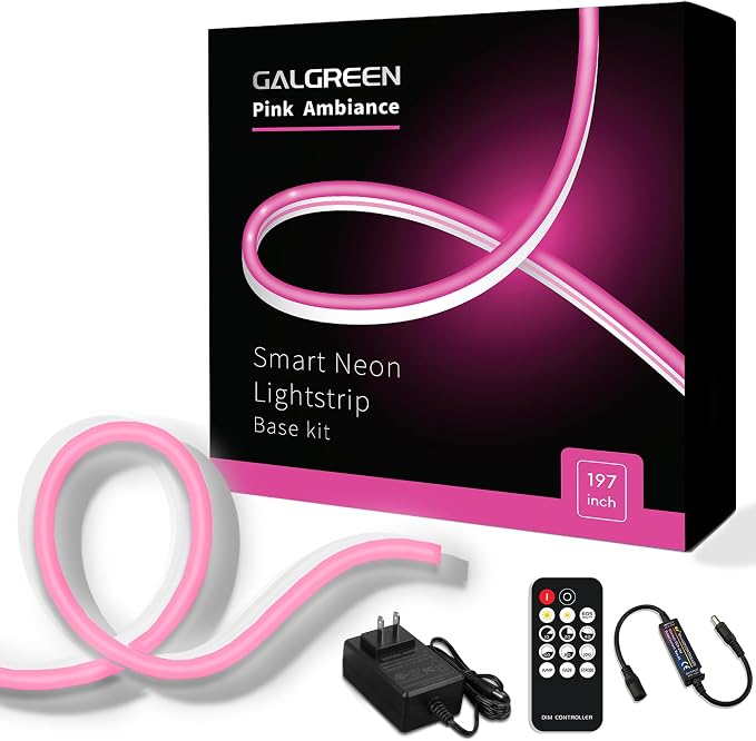 Neon Rope Lights, 16.4ft Rope Lights with Dimmable Remote and Adapter, Waterproof Flexible Smart Led Strip Lights for Bedroom, Super Bright, DIY Neon Sign, Indoors Outdoors Wall Decor, Pink