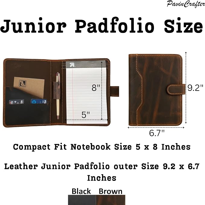 Leather Junior Padfolio 5x8, Small Bifold Business Portfolio Folder for Men & Women, Compact Legal Pad Holder with Pen Loop, Card Holder with Document Pocket, Interview Organizer (Black)