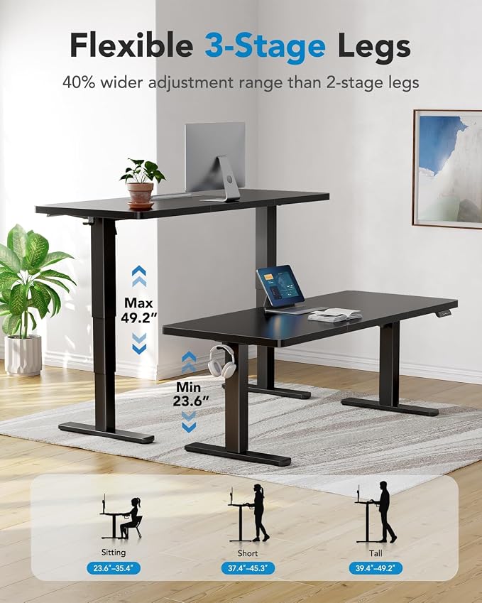 HUANUO 59x30 Inch 3-Stage Legs Electric Standing Desk, Large Height Adjustable Office Desk with Brushless Motor, Stand Up Desk with 4 Memory Presets & 2 Hooks, Computer Desk for Home Office, Black