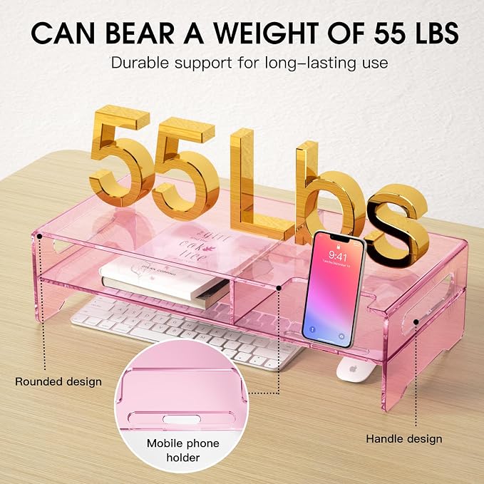 Pink Acrylic Monitor Riser, 2-Tier Desk Computer Stand With Storage & Phone Holder | Clear Computer Monitor Stand for Desk,Handheld Function Easy Mobility,16 in Wide for Laptop, Printer,Screen,Desktop Organizer