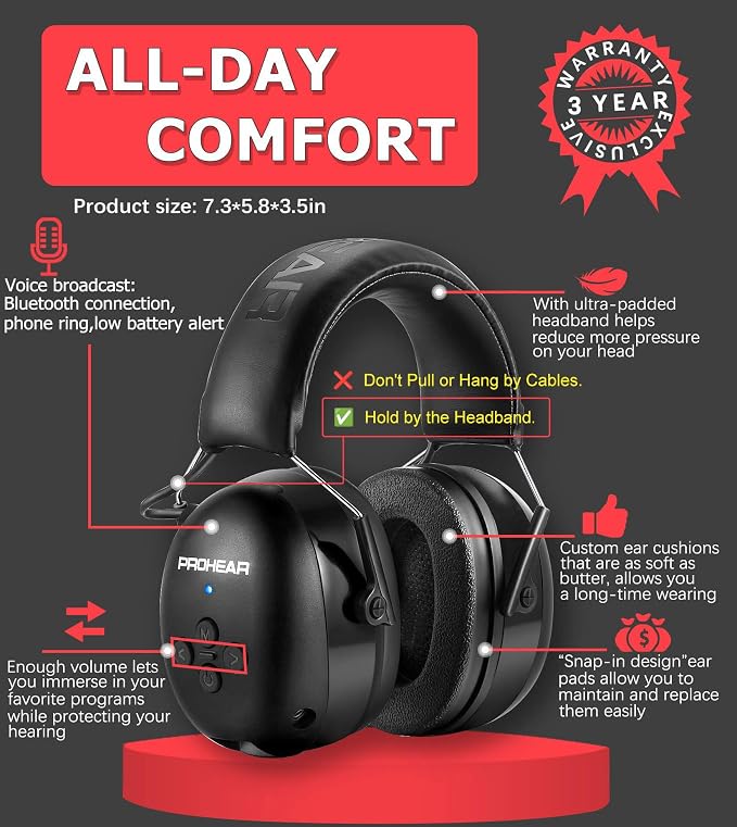 PROHEAR 037 Bluetooth 6.0 Hearing Protection Headphones with Rechargeable 1500mAh Battery, 30dB SNR Safety Noise Reduction Ear Muffs 120H Playtime for Mowing, Workshops, Snowblowing - Black