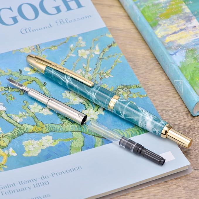 Jinhao 10 Press Fountain Pen with Box, Marble Blue Retractable Fine Nib with Ink Converte Set (Golden Clip)