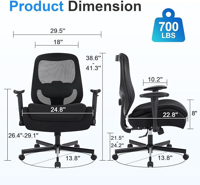 Office Chair with Ergonomic Lumbar Support and Mesh Back for Home Office, Desk Chair with Wide Seat and Adjustable Arms for Computer Desk, Computer Chair with Rocking Backrest and Wheels for Work