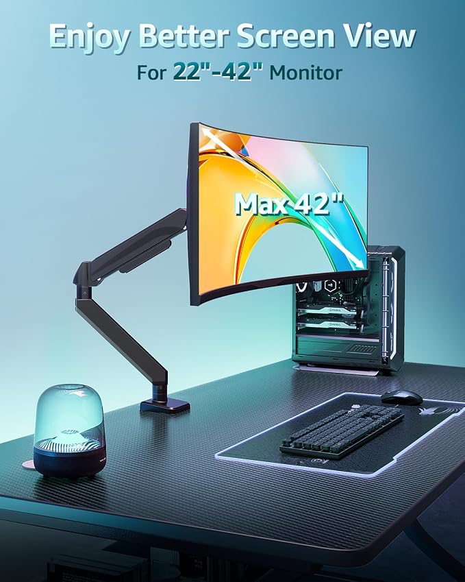 Heavy Duty Single Monitor Arm for Max 42 Inch Screens, Monitor Mount for Desk Supports 4.4-33 lbs, Height Adjustable Ultrawide Monitors Stand with C-Clamp & Grommet Base, VESA Mount 70/100