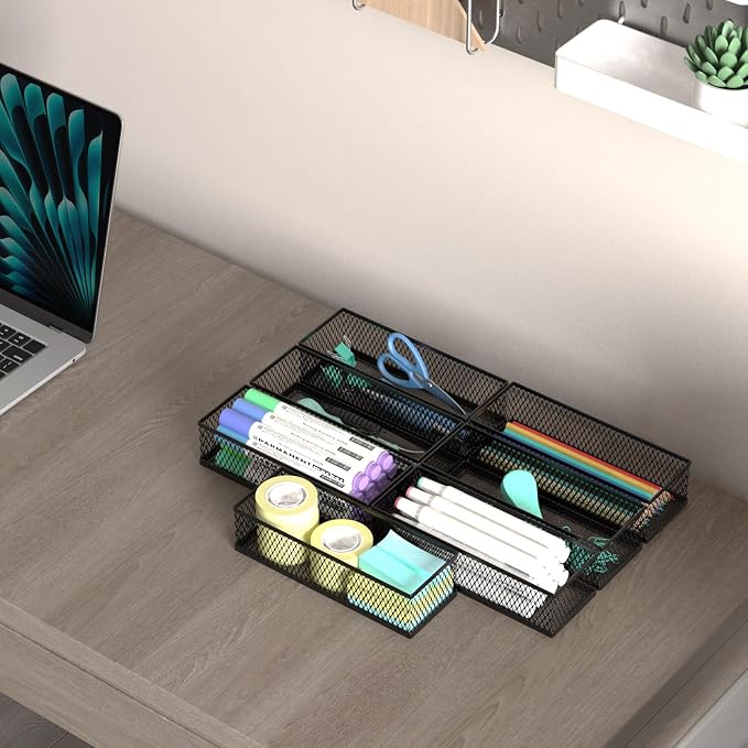 2 Pack Drawer Organizer for Desk, Small Office Supplies Pen Pencil holder, Metal Mesh Desktop Storage Trays for Office, Kitchen, Makeup, Vanity
