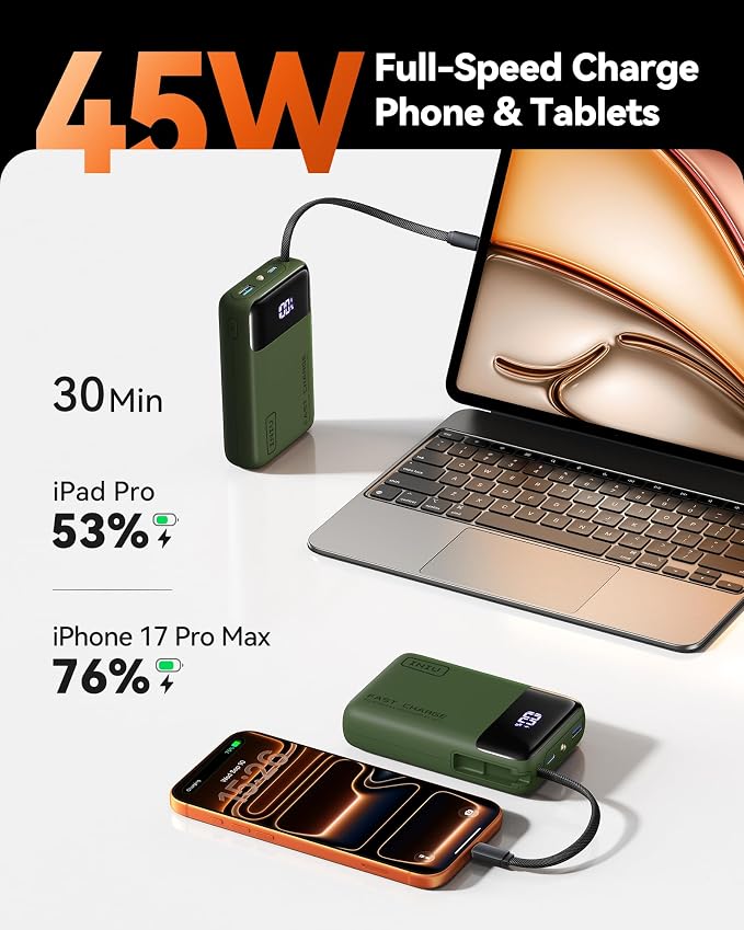 INIU 20000mAh Power Bank, Small 45W PD Fast Charging Portable Charger with Built-in USB C Cable, Flight-Safe Travel External Phone Battery Pack for Camping, ShortTrip, Travelers, Hikers, Green