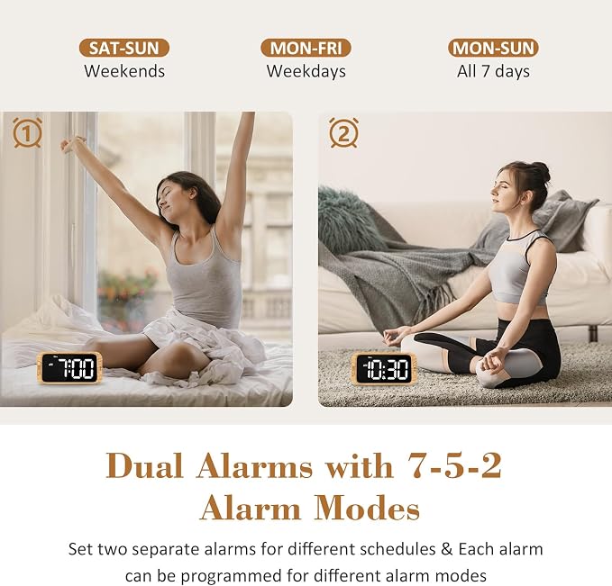 Odokee Digital Dual Alarm Clock for Bedroom with 0-100% Dimmable Display | Easy Alarm Clock with Weekday/Weekend Mode - Loud Alarm for Heavy Sleepers with 5 Sounds Adjustable Volume - Wood Grain