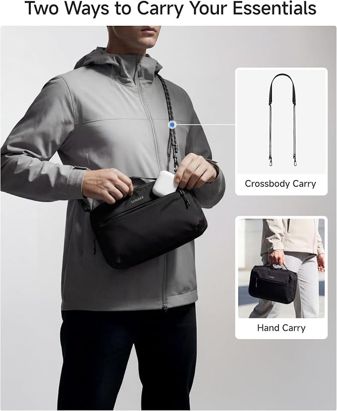 LUGGEX Large Tech Pouch, Cable Organizer Bag with Removable Crossbody Strap, Dual Accessories Bag & Water Resistant for Kindle, Chargers, Cord, Earphone for Travel Office All-in-One, Black CBX01