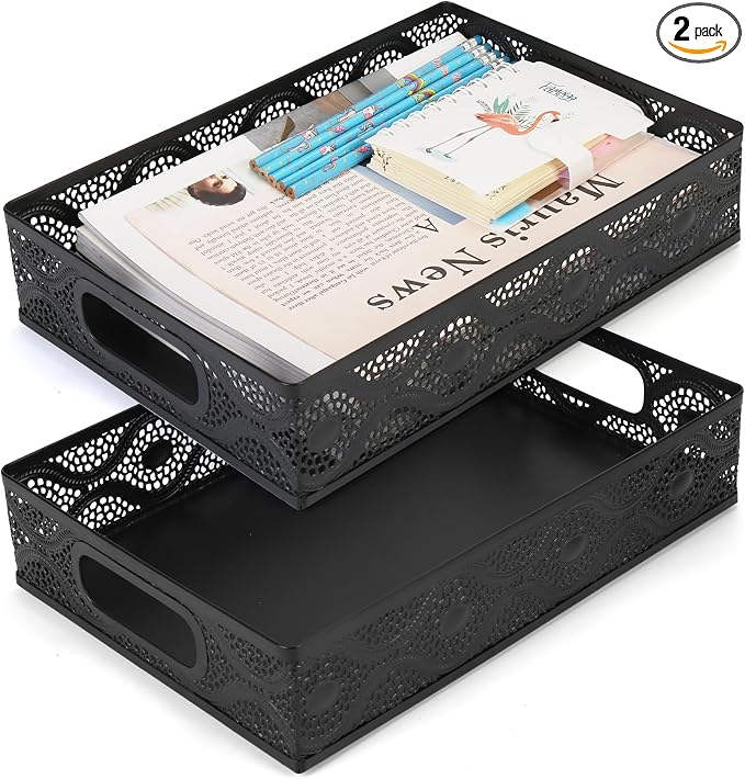 Desk Drawer Organizer, A4 Large Metal Mesh Desk Rrganizer Tray, Versatile Storage Box Set for Office Home Supplies,Carved Hollow Floral Desk Tray, 13 x 9 inches (2, Curved)