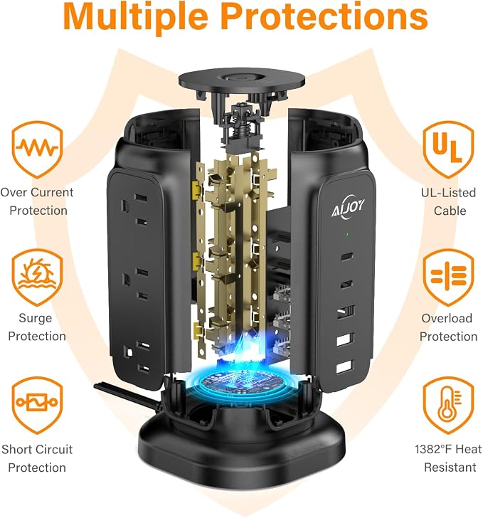 AiJoy Flat Plug Power Strip Tower with 9 AC Outlets and 5 USB Ports | USB Charging Station with 1200J Protection, 6 Feet Extension Cord, Office Desk Accessories for Men, Dorm Essentials for Guys