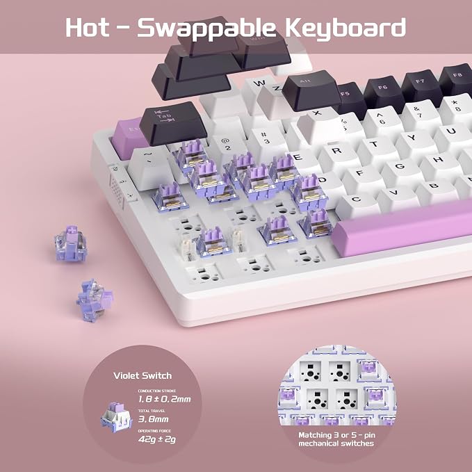 MageGee Mechanical Gaming Keyboard, 96% Gasket Hot Swappable Wired Custom Creamy Keyboard with 5-Layer Sound Dampening, RGB Backlit, NKRO for Win/Mac (Purple Jade, Violet Switch)