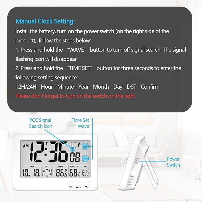 Small Desk Atomic Alarm Clock for Bedroom, Self-Calibrating Time and Date Clock with 4 Time Zone, DST, Temperature, Humidity, Alarm and Snooze for Children's Bedroom, School