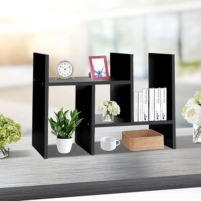 J.M.Deco Desktop Organizers and Storage for Office, Adjustable Desktop Organizer Shelf Double H Display, True Natural Stand Shelves, Black
