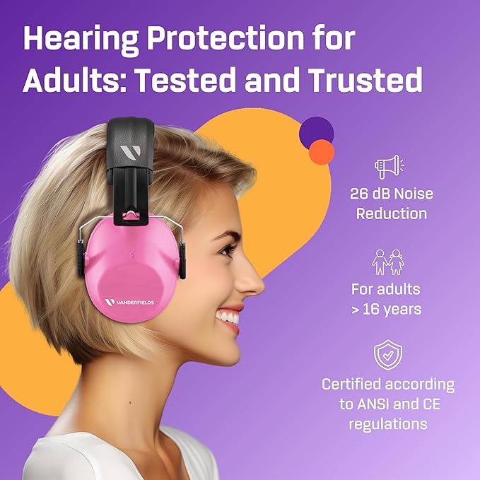 Vanderfields - Hearing Protection Ear Muffs - Over 33 dB (2K Hz) Broad Noise Cancelling Sound Reduction - Adults & Teens
