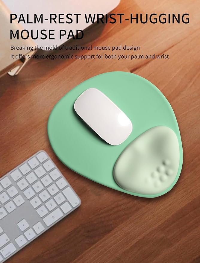 Palm-Rest and Wrist-Hugging Mouse Pad Wrist Rest, Ergonomic Wrist Support with Curve Fitting Cushioned Memory Foam for Carpal Tunnel Pain Relief, 9.9 x 8.3 Inch, Minty Green