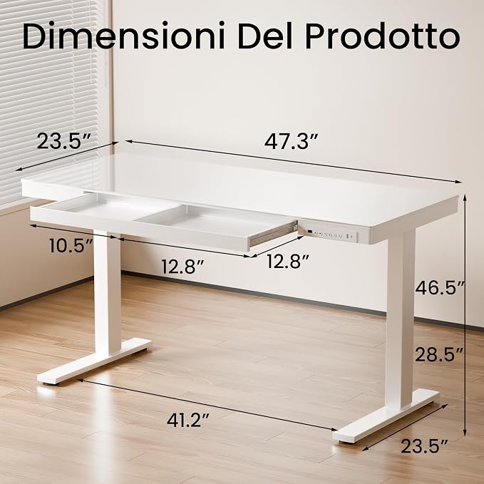Realbear Glass Standing Desk with Drawer, Electric Standing Desk, Height Adjustable Desk with One-Piece Tabletop & USB Charging Ports