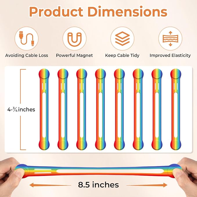 Kanemc Reusable Silicone Magnetic Cable Ties,8 PCS Magnetic Cord Organizer | Multi-Purpose Cord Ties for Cable Bundling, Organizing, Bookmarks & Fridge Magnets,Magnetic Twist Ties(Rainbow Color)