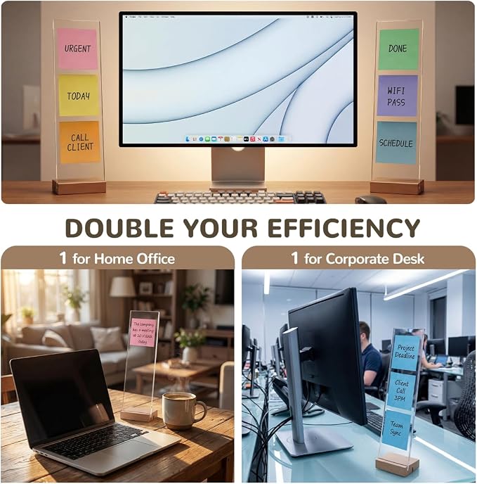 2 Pack Monitor Memo Board, Freestanding Acrylic Sticky Note Holder | No adhesive: 12.2 in acrylic board lifts off a weighted 3.15 in wood base; sits beside curved, bezel-less or dual monitors
