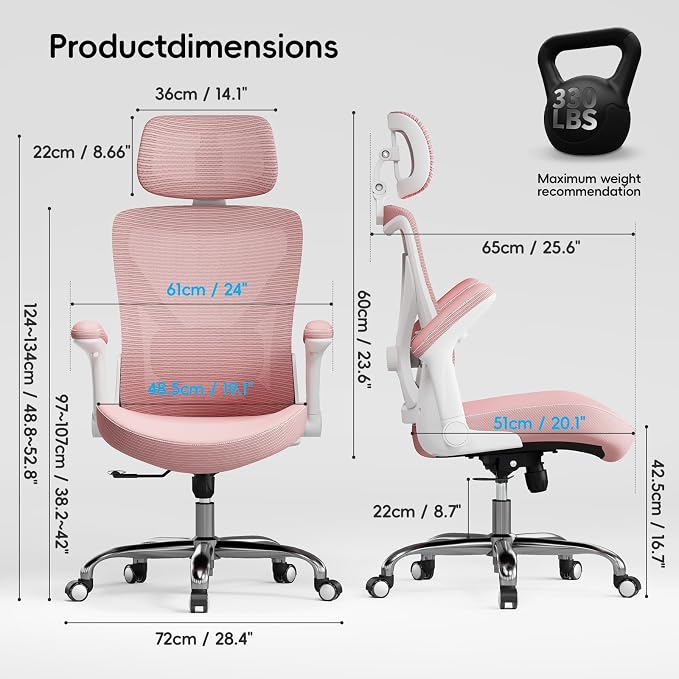 Ergalithic Office Home Ergonomic Desk Chair-Computer X-Shaped Chair Mesh PU Leather with Adjustable Lumbar Support-Executive Chair High Back with Headrest Flip-Up Arms for Long Hours (Dark Pink)