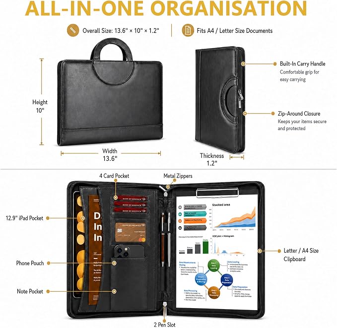 Darolin Vegan Leather Padfolio Portfolio with Handle, Zipper -Black | Business Portfolio Organizer for Meetings, Interviews, Travel, Resume, Clipboard Fits A4, Letter Size, Padfolio for Men Women