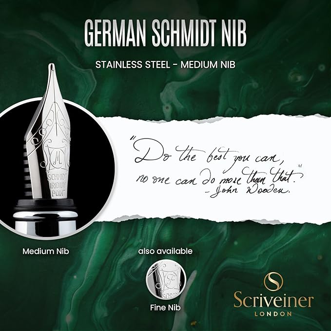 Scriveiner Personalized British Racing Green Fountain Pen - Stunning Green Lacquer Luxury Pen w/Chrome Finish, German Schmidt Nib (Medium), Best Engraved Pen Gift Set for Men & Women, Name Engraving