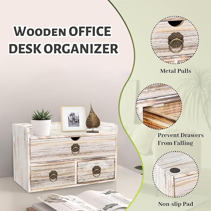 Wood Desk Organizer with Drawer, Vintage Brown Wooden Desktop Organizer, Tabletop Storage Organization Box for Countertop, Home Office Supplies (3 Drawer and Shelf)